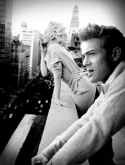 Marilyn Monroe and James Dean in a candid shot off set.